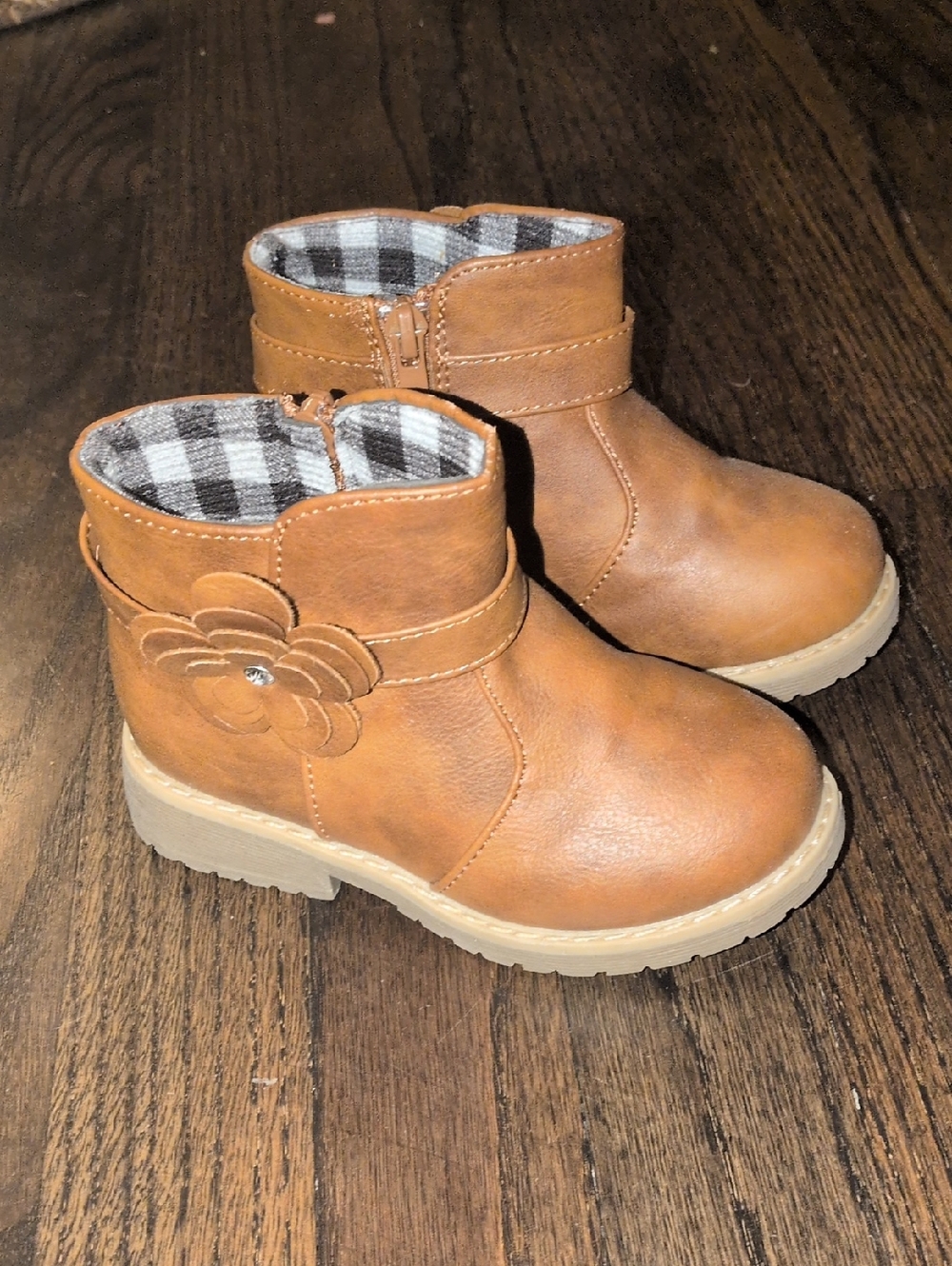 Toddler Tan Flower Accent Ankle Boots with Plaid Lining